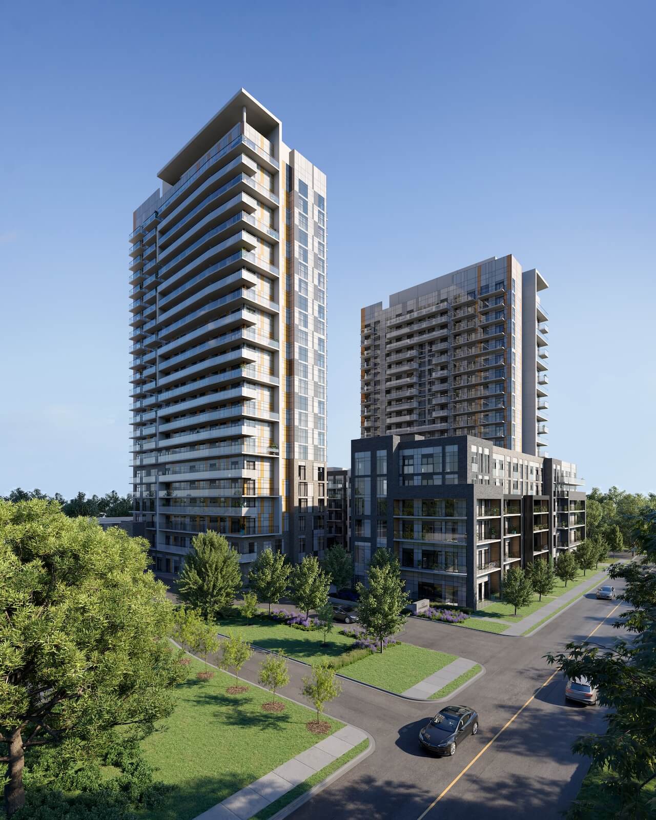 Rendering of Stationside Condos exterior full view of 2 phases