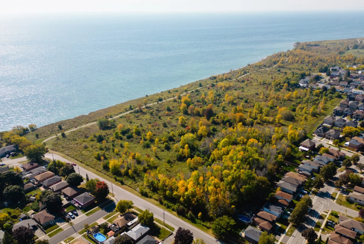 Aerial of Park and Lake Homes in Oshawa