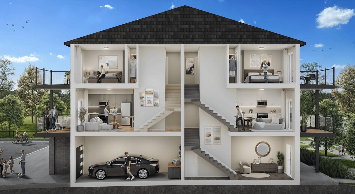Rendering of The Block on Clair dollhouse three floors