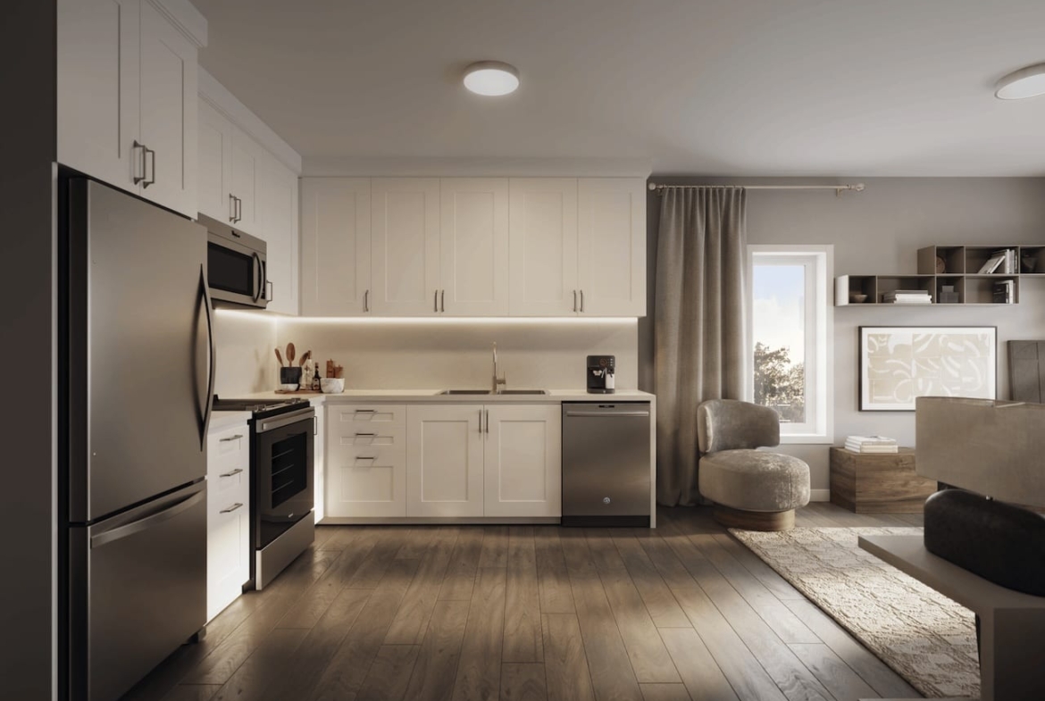 Rendering of The Block on Clair suite interior stacked kitchen