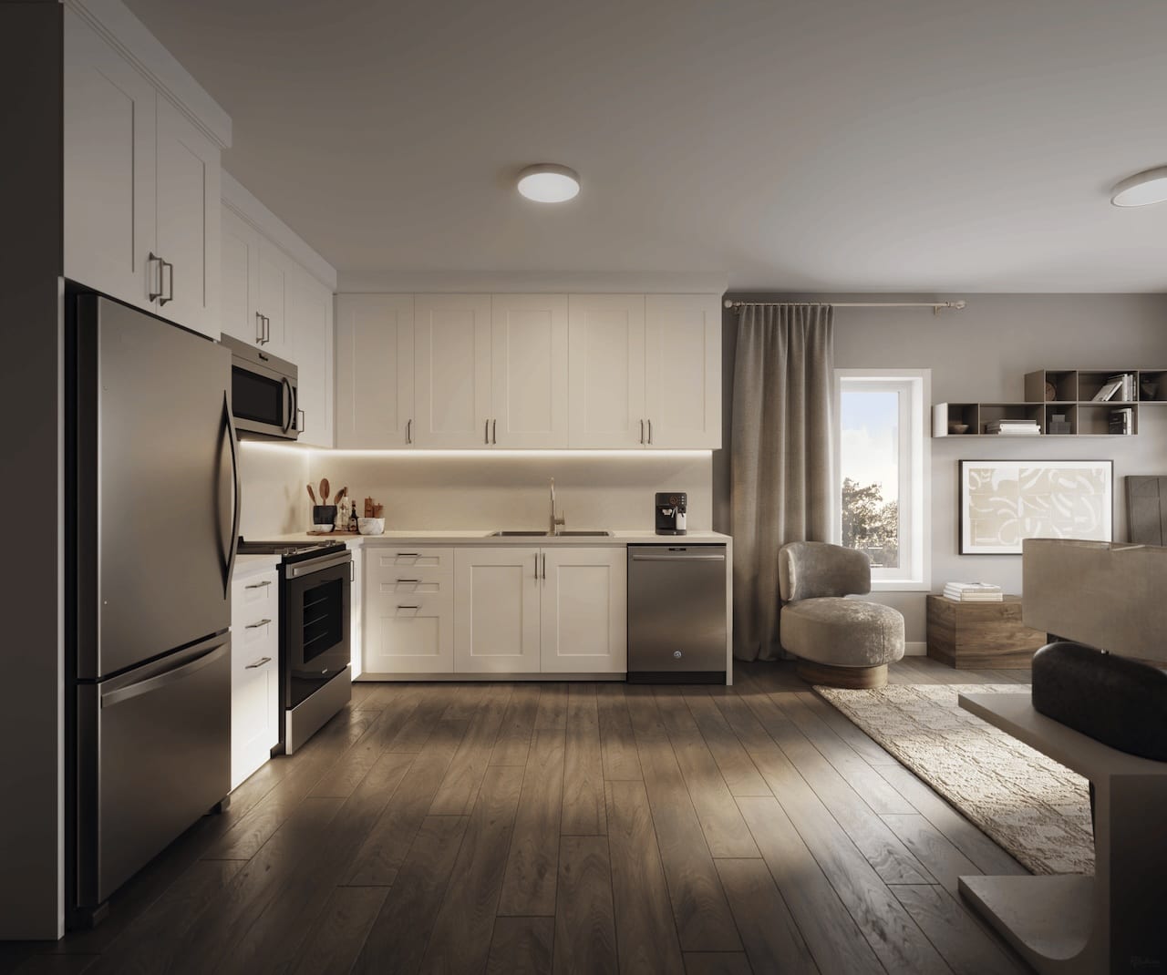 Rendering of The Block on Clair suite interior stacked kitchen