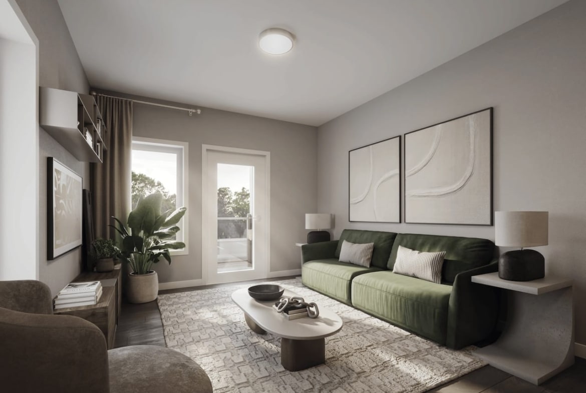 Rendering of The Block on Clair suite interior Stacked living