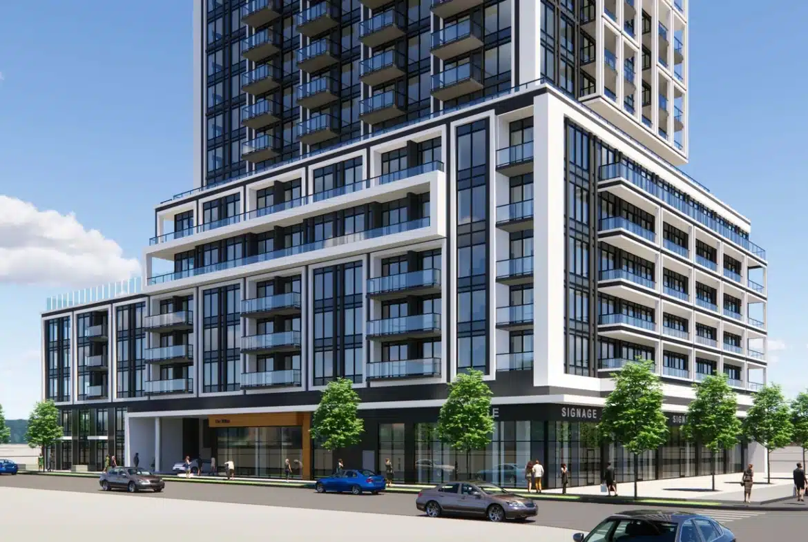 Rendering of The Wilde Condos exterior podium close up