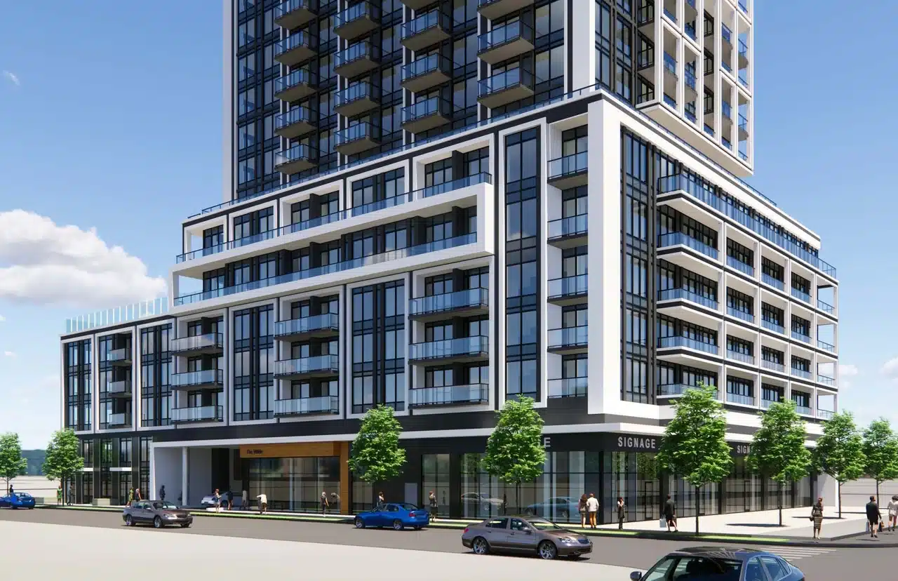 Rendering of The Wilde Condos exterior podium close up