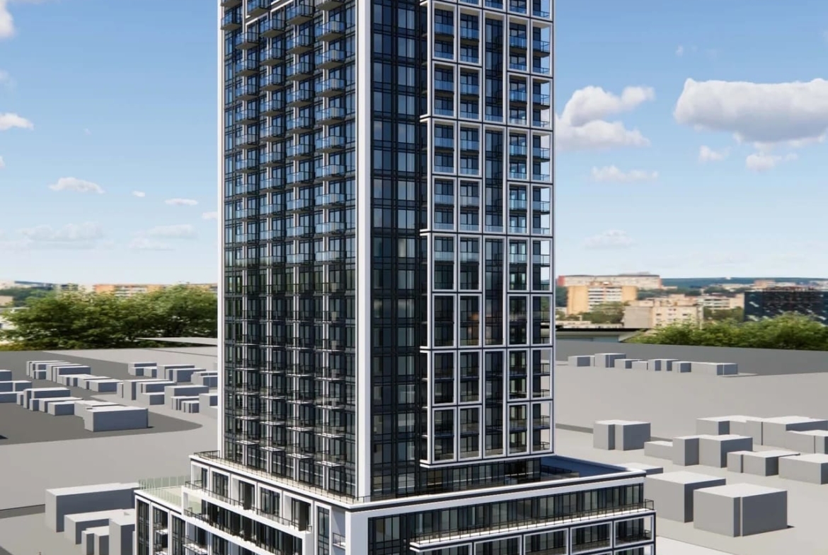 Rendering of The Wilde Condos exterior angled full view