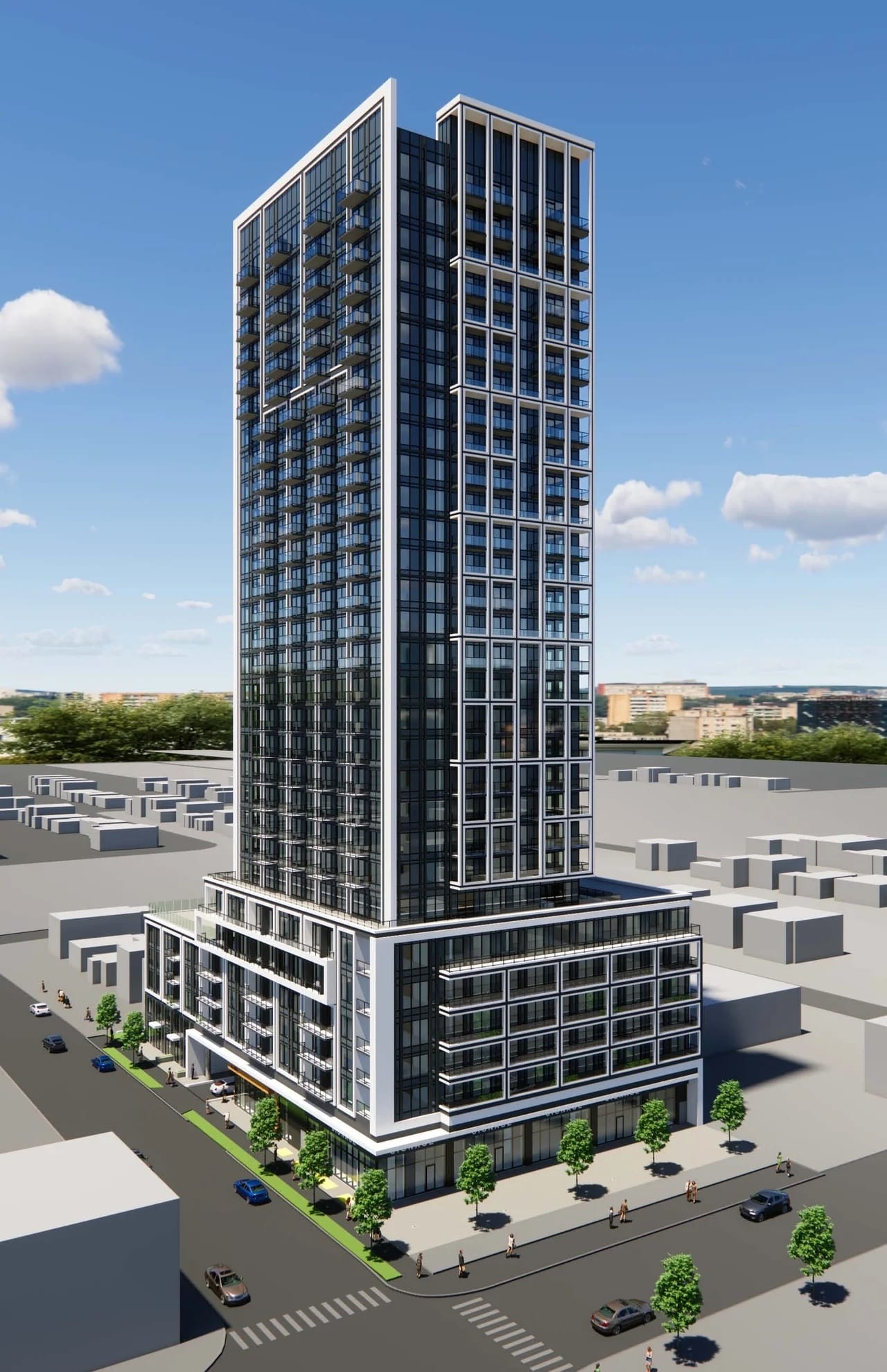 Rendering of The Wilde Condos exterior angled full view