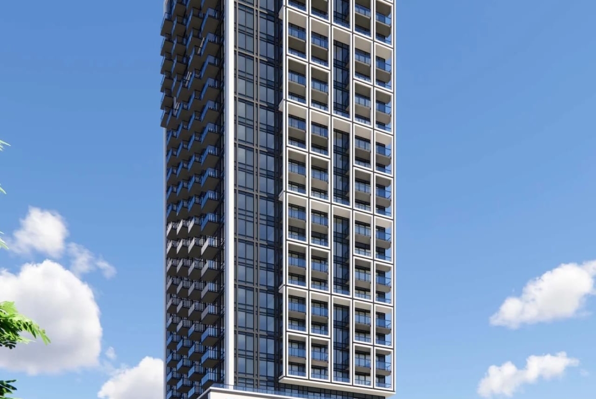 Rendering of The Wilde Condos exterior worms eye view