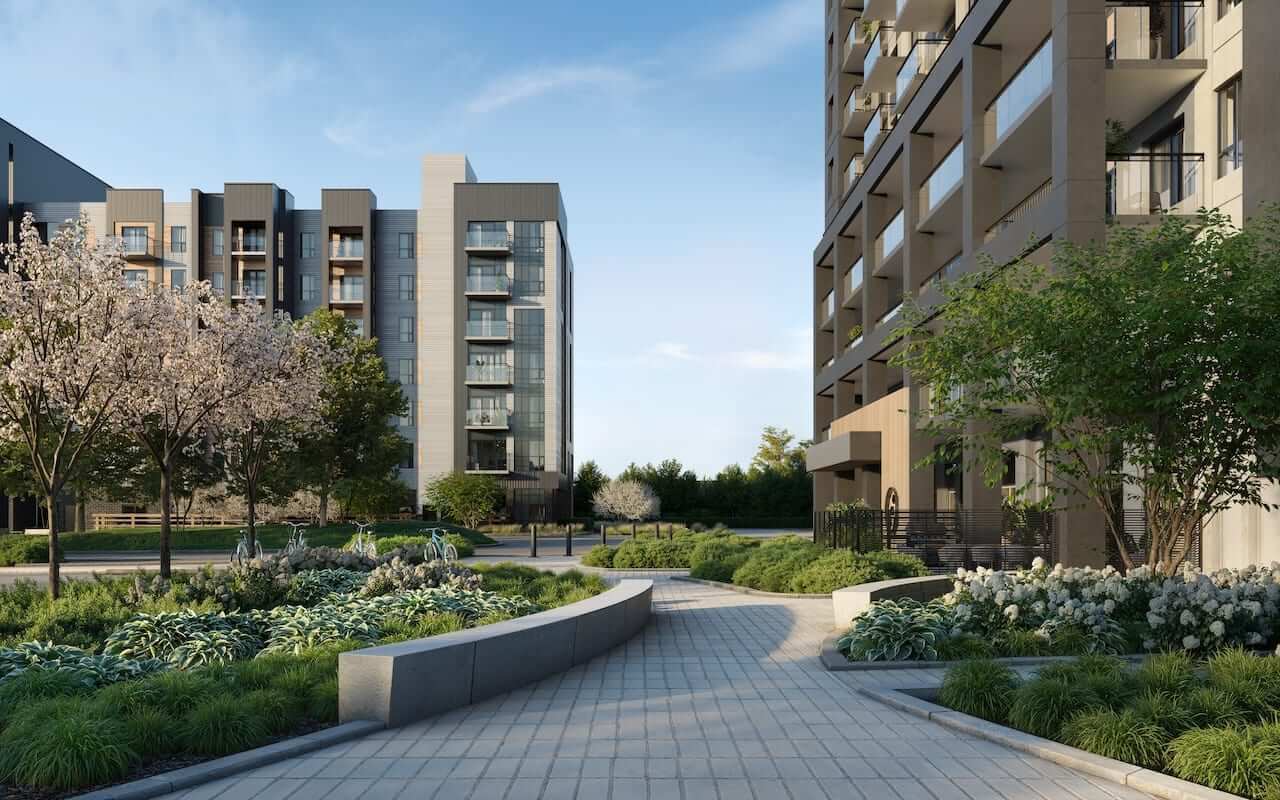 Rendering of ClockWork 4 Condos streetscape