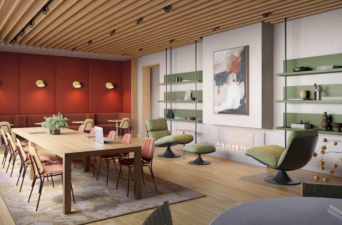 Rendering of ClockWork 4 Condos co working space
