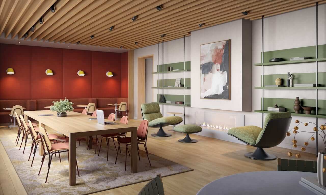 Rendering of ClockWork 4 Condos co working space