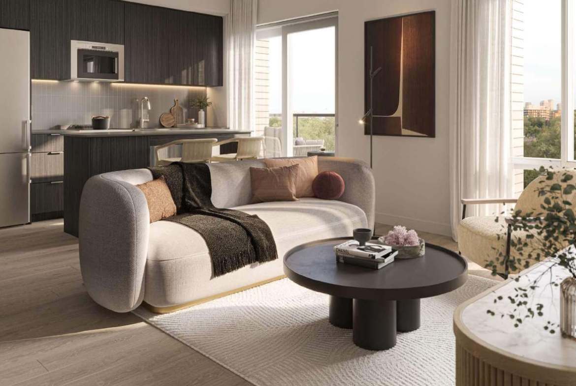 Rendering of ClockWork 4 Condos suite interior living room with sofa