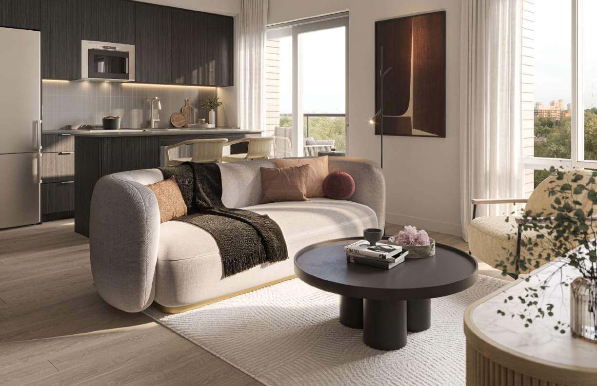 Rendering of ClockWork 4 Condos suite interior living room with sofa