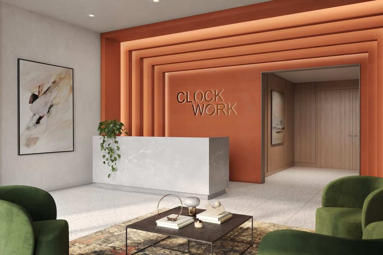 Rendering of ClockWork 4 Condos lobby with concierge