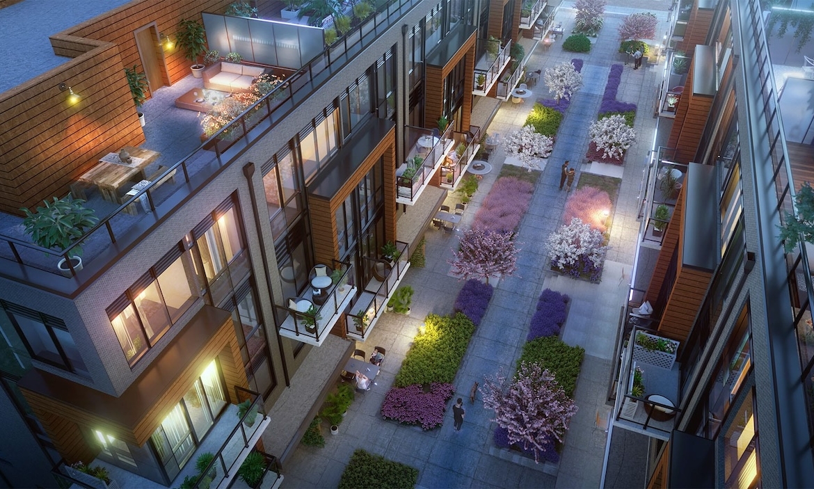 Rendering of Lawrence Hill Towns aerial at night