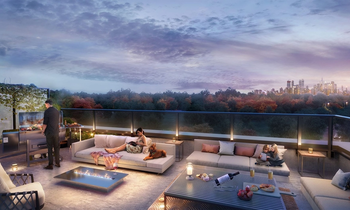 Rendering of Lawrence Hill Towns rooftop at night