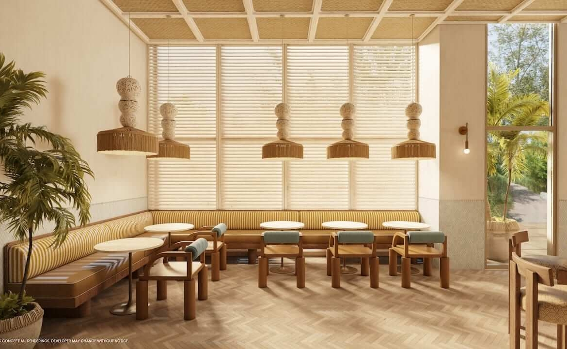 Rendering of Flow House Miami lobby and cafe bar