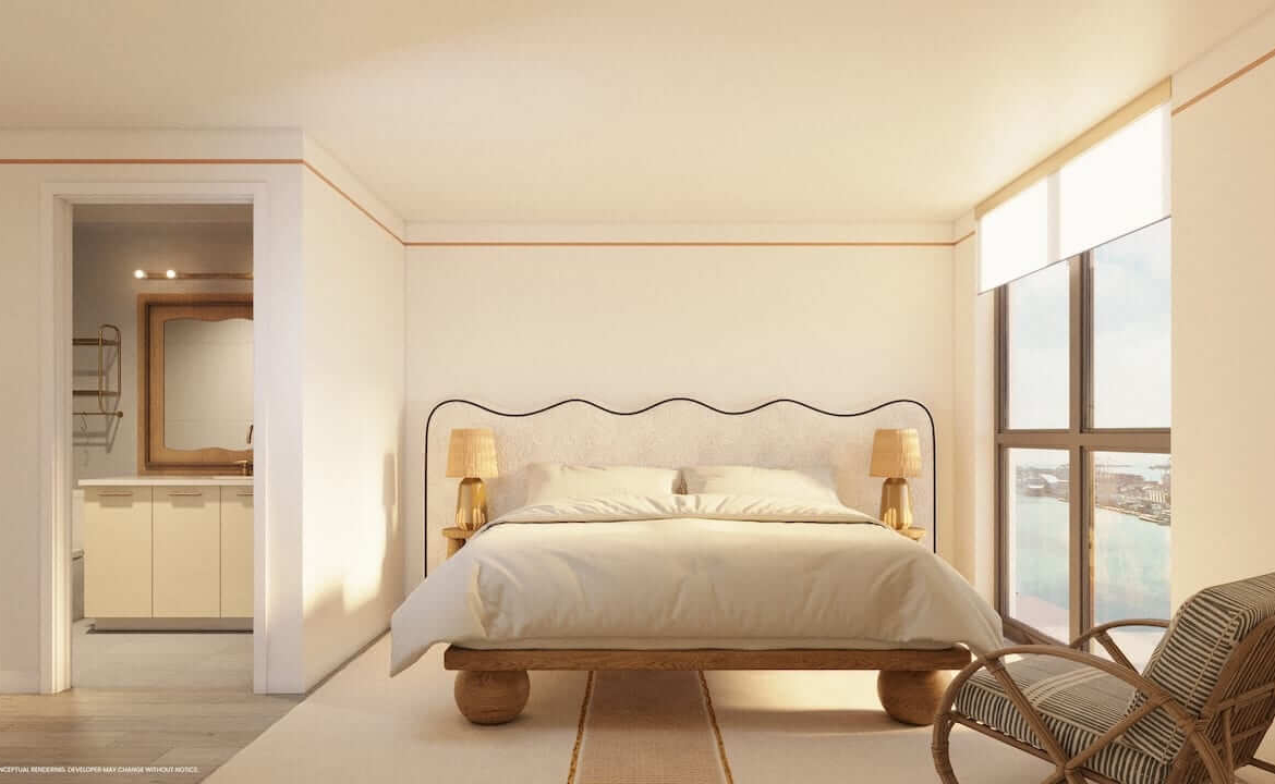 Rendering of Flow House Miami residences primar bedroom option 2A