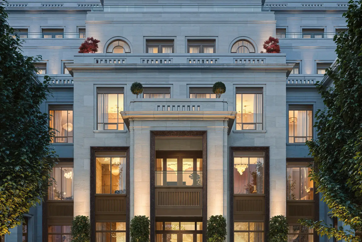 Rendering of 2 Post Road Condos exterior entrance at night