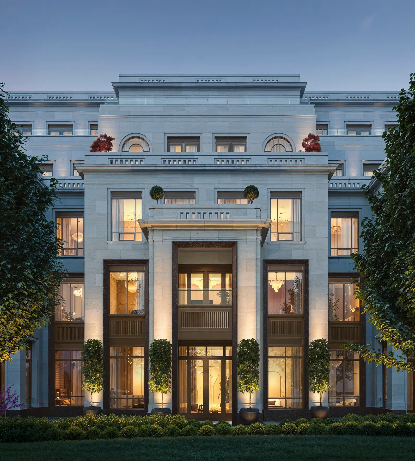 Rendering of 2 Post Road Condos exterior entrance at night