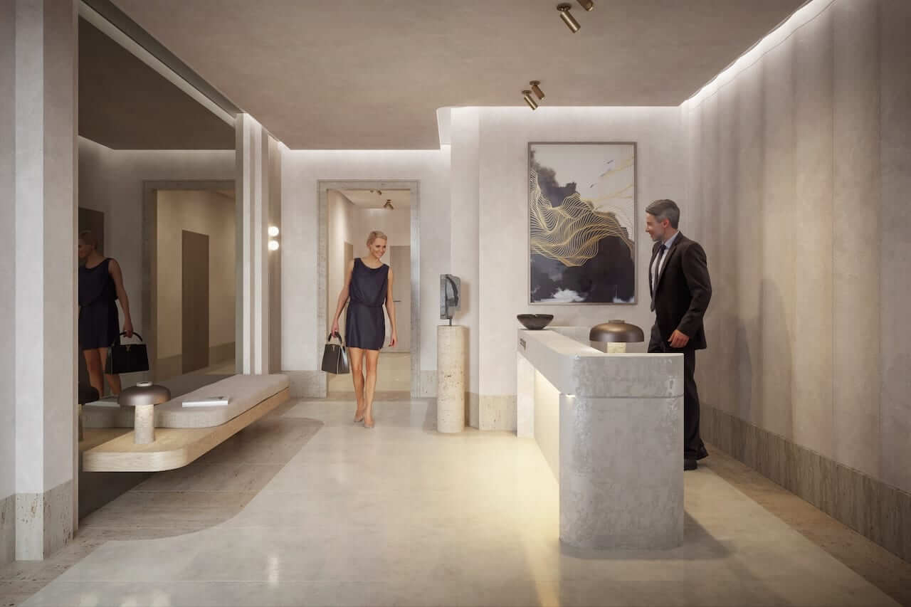 Rendering of The Aristocrat Condos lobby with concierge